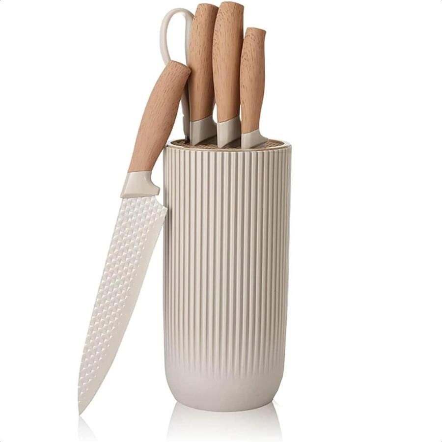 Messenset 5 -Delig Messenset Met Blok Beige Messenblok Messensets Messenhouder Messen Set Messenset Beige Koksmessenset