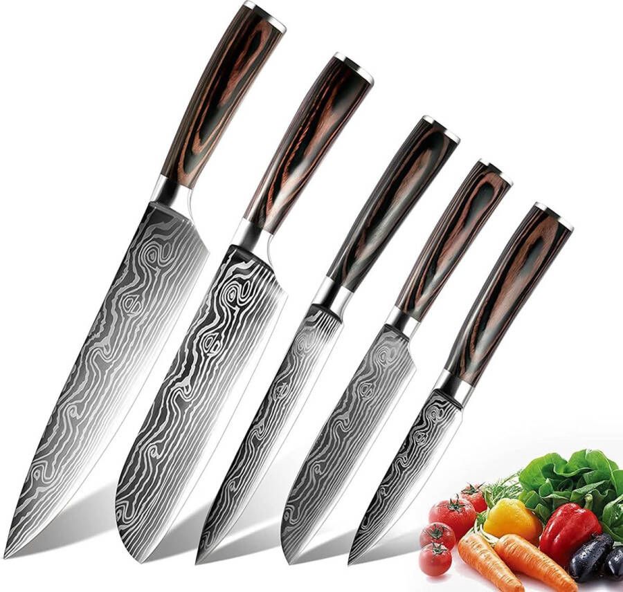 Messenset keukenmessenset 5-delig professionele roestvrijstalen messenset hoog koolstofgehalte professionele messen scherp van vlees groenten fruit Japanse chef-koksmes keukenmes