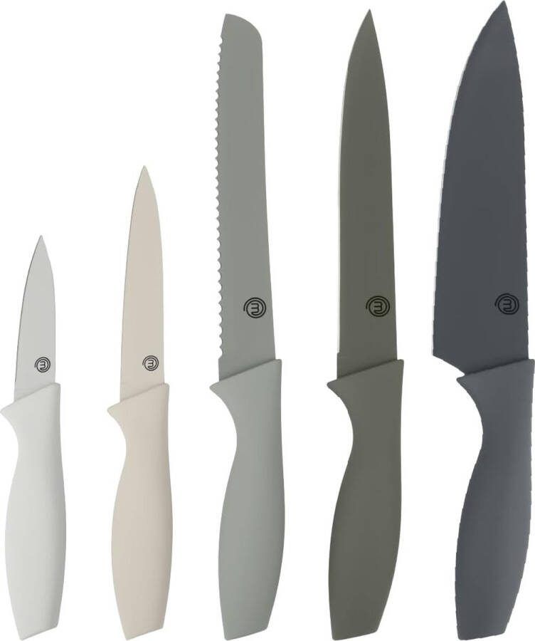 Messenset keukenmessenset incl. koksmes groentemes schilmes snijmes & broodmes scherp mes roestvrij staal anti-aanbaklaag soft-touch handgrepen 5-delig grijs