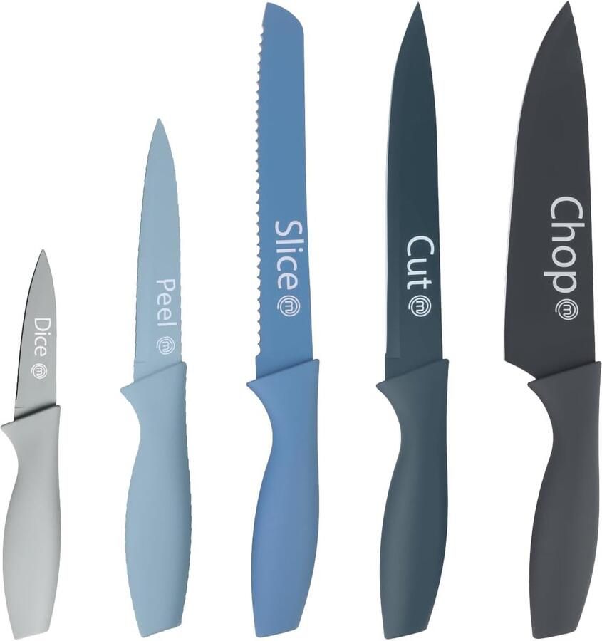 Messenset keukenmessenset incl. koksmes groentemes schilmes snijmes & broodmes scherp mes roestvrij staal anti-aanbaklaag soft-touch handgrepen 5-delig blauw