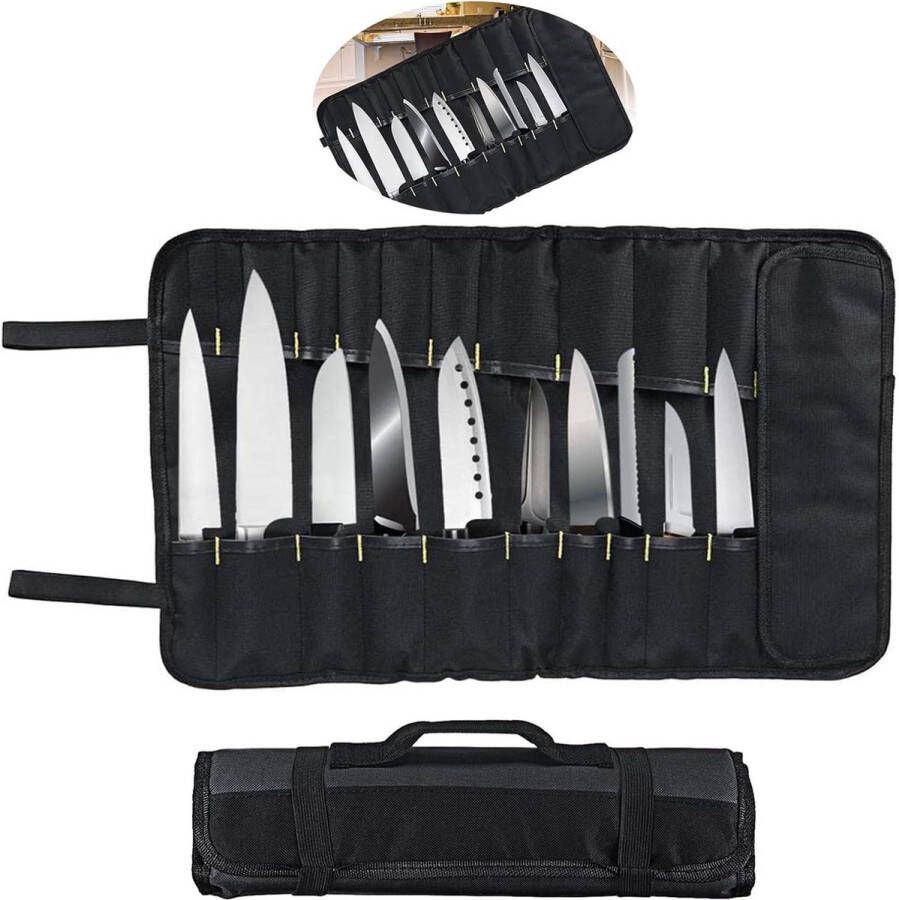 Messenset Opbergtas Keukenset Koksmes Roll 11 Slots Mes Tas met handvat Chef Mes Roll Bag Travel Tool Roll Pouch Opslag Gift voor Papa en Man 58*35.3cm Messen niet inbegrepen