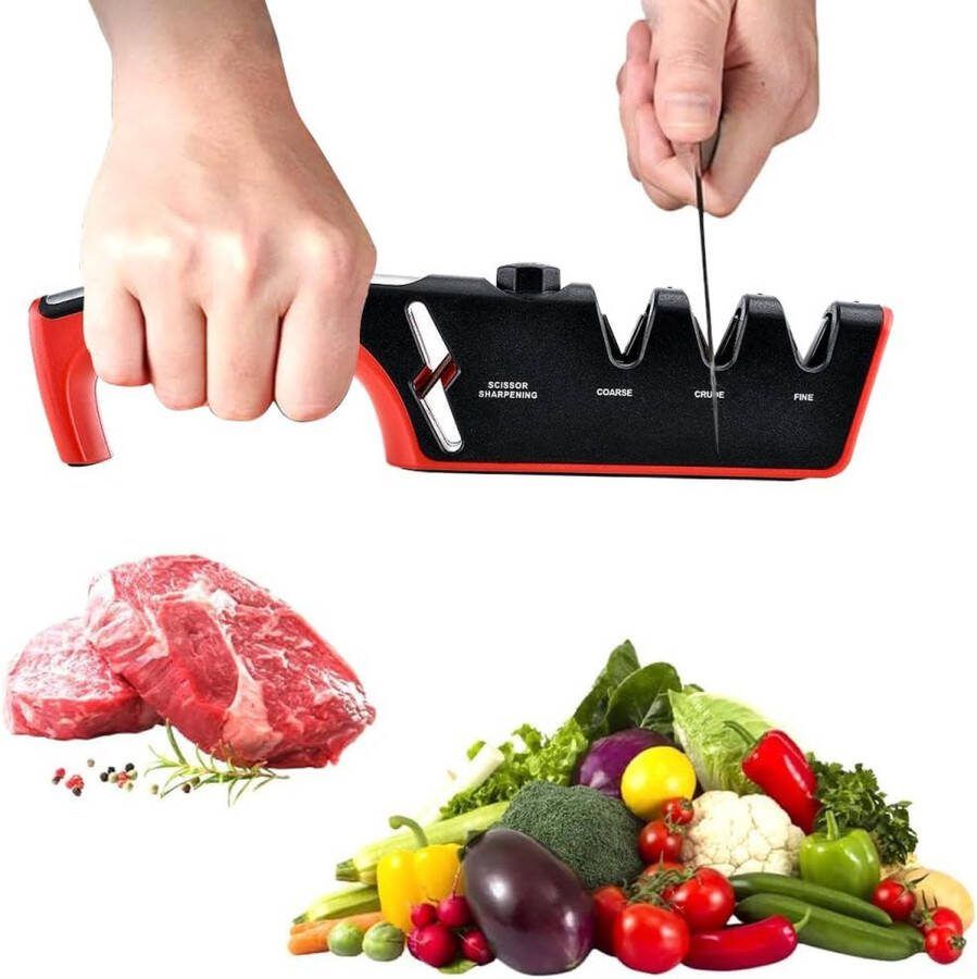 Messenslijper 4-in-1 messenslijper met schaarslijper 6 standen verstelbaar ergonomisch mes slijpen handmatige messenslijper voor chef-kok en thuis (stijl 2 rood)