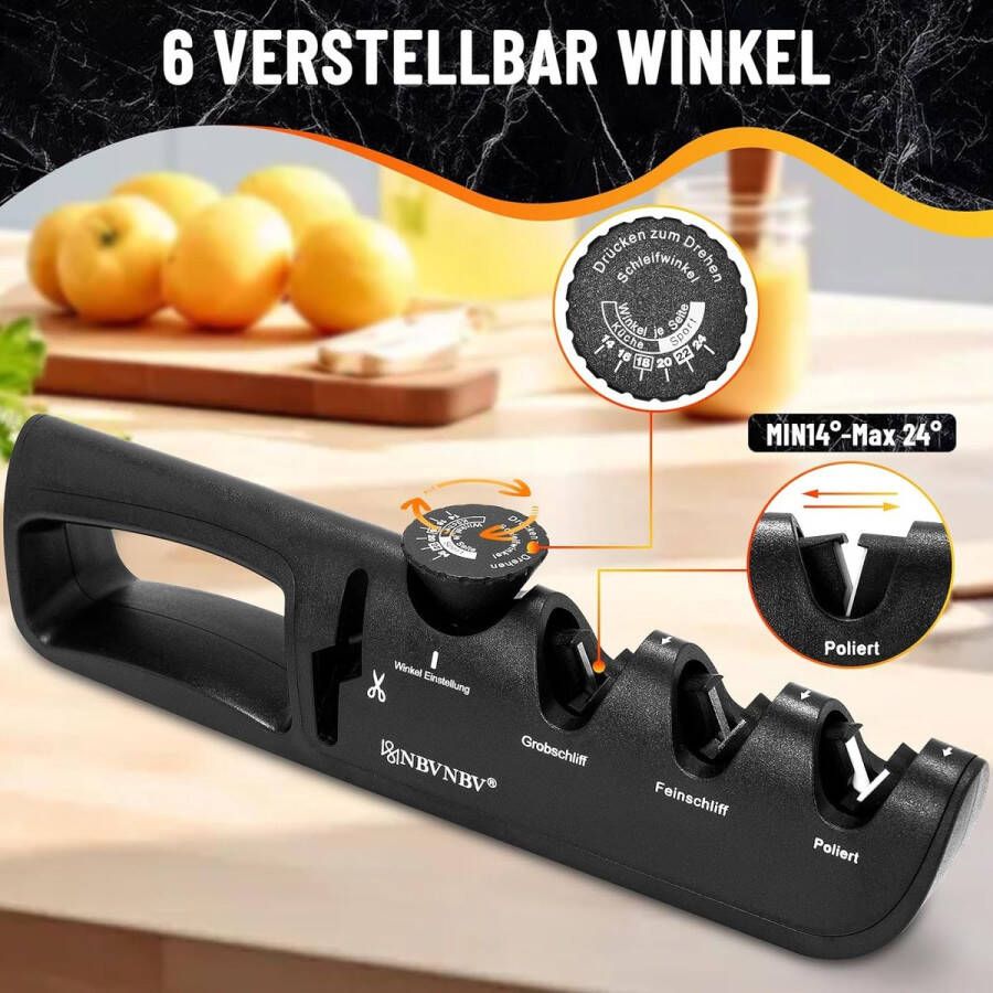 Messenslijper 4-in-1 messenslijper met schaarslijper 6 standen verstelbaar professionele messenslijper ergonomisch mes slijpen zwart (zwart)