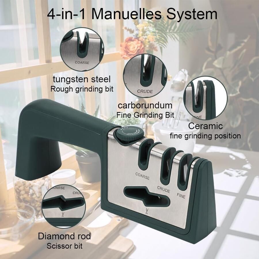 Messenslijper 4-in-1 messenslijper met schaarslijper 6 standen verstelbare messenslijper professioneel ergonomische messenslijper handmatige messenslijper voor chef-kok en thuis stijl 3 groen