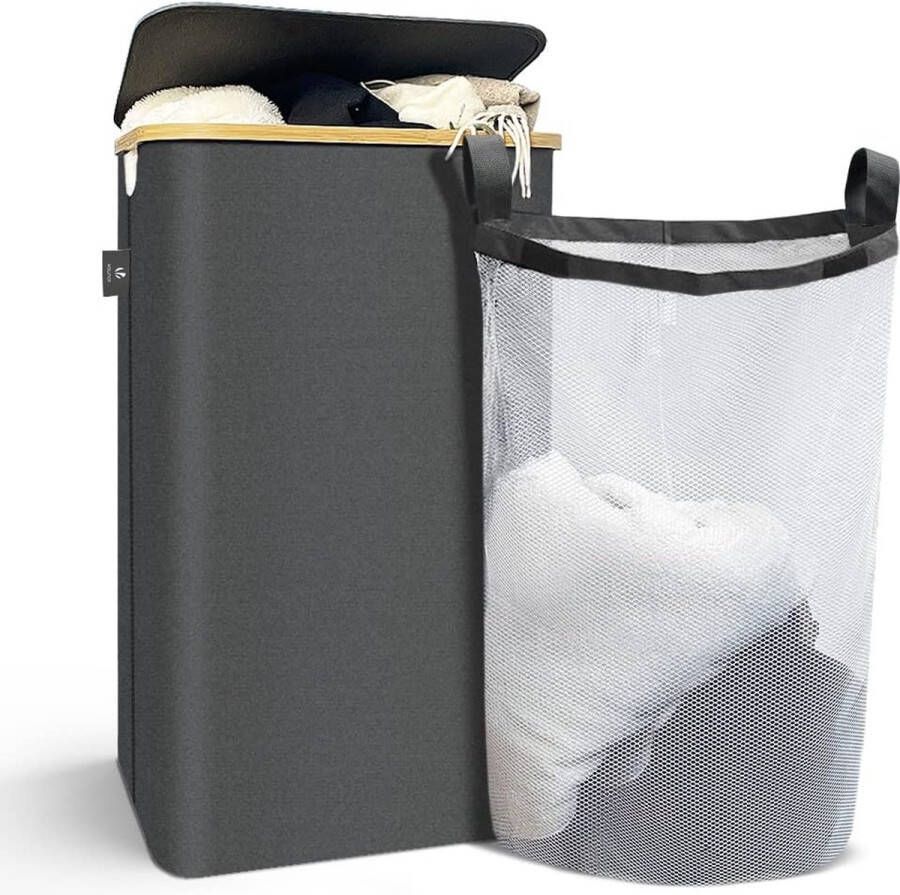 Met deksel 100L opvouwbare wasmand met uitneembare waszakken Laundry Baskets wasbox smal grijs