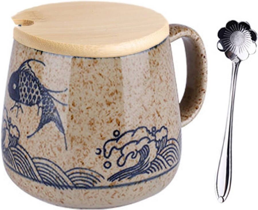 Met deksel keramische melkbeker met deksel cappuccino mokken aardewerk 400 ml Japanse beker handbeschilderde waterbeker onderglazuur grote capaciteit ontbijtbeker