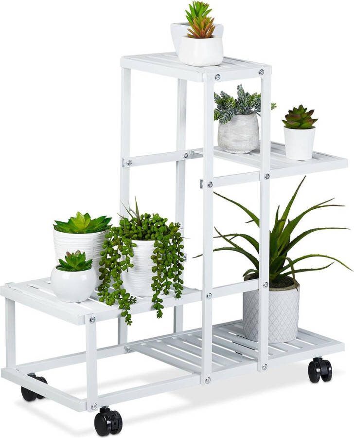 Metalen bloemen trap plantenrek 4 planken plantenetagère voor bloemen & kruiden metalen bloemenrek op wielen staal wit