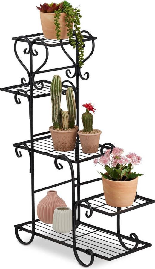 Metalen bloemen trap plantenrek metaal HxBxD 75 x 56 x 23 cm binnen met 5 etages voor decoratie planten bloemen zwart