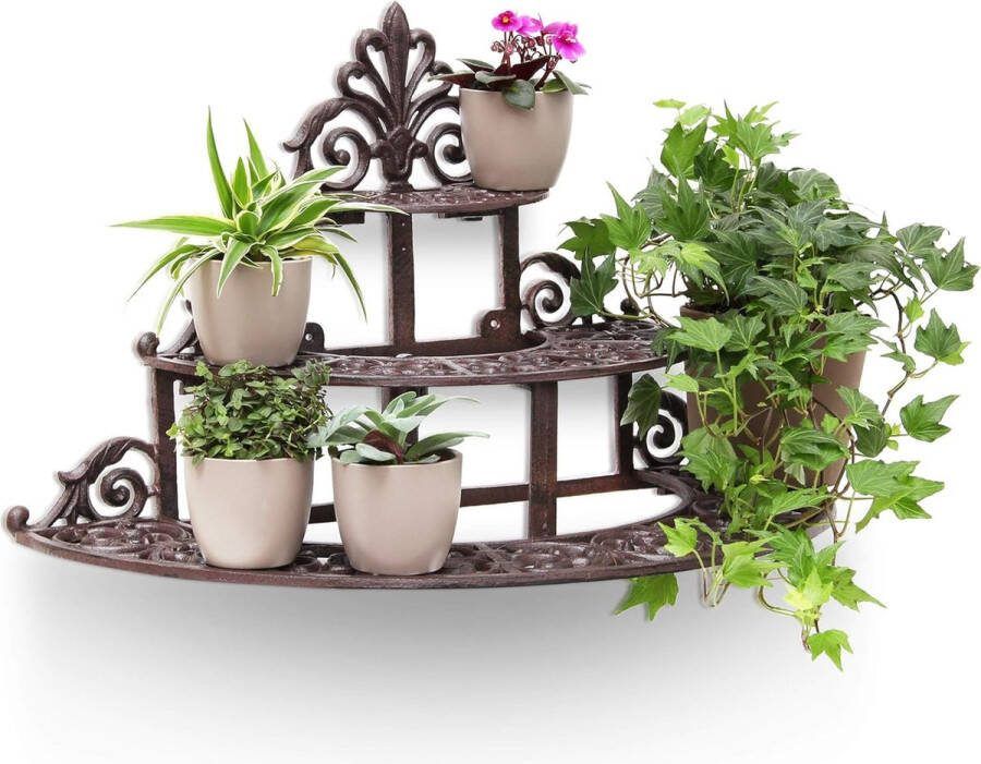 Metalen bloemen trap plantentrap 3 etages gietijzer rond binnen en buiten HBD: 34 x 54 x 29 cm plantenrek metaal brons