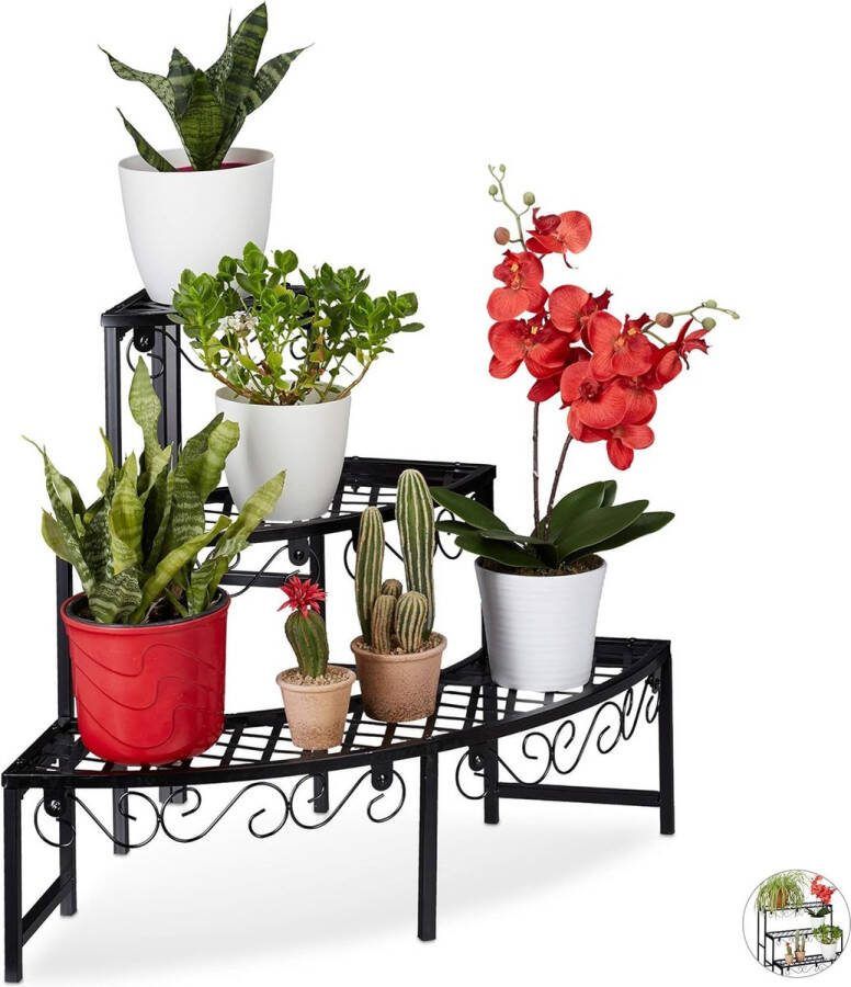 Metalen bloemen trap plantentrap metaal 3 etages plantrek voor tuin balkon of terras HBD: ca. 62x70x60 cm voor hoeken zwart