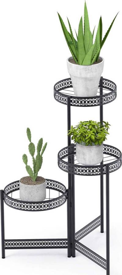 Metalen bloemen trap Smeedijzeren plantenhouder: metalen plantenrek met 3 niveaus trap voor planten bloemen draaibaar ideaal voor huis balkon tuin maximale belasting 15 kg 51 x 70 cm maat S