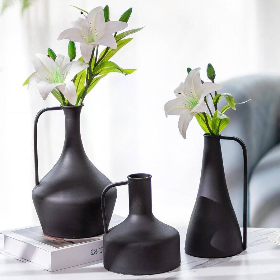 Metalen Bloemenvazen 26cm 23.5cm 18cm Scandinavisch Modern Pitcher Vaas Enkele Stam Vaas Zwart Smalle Hals Kunstbloemen Gedroogde Planten