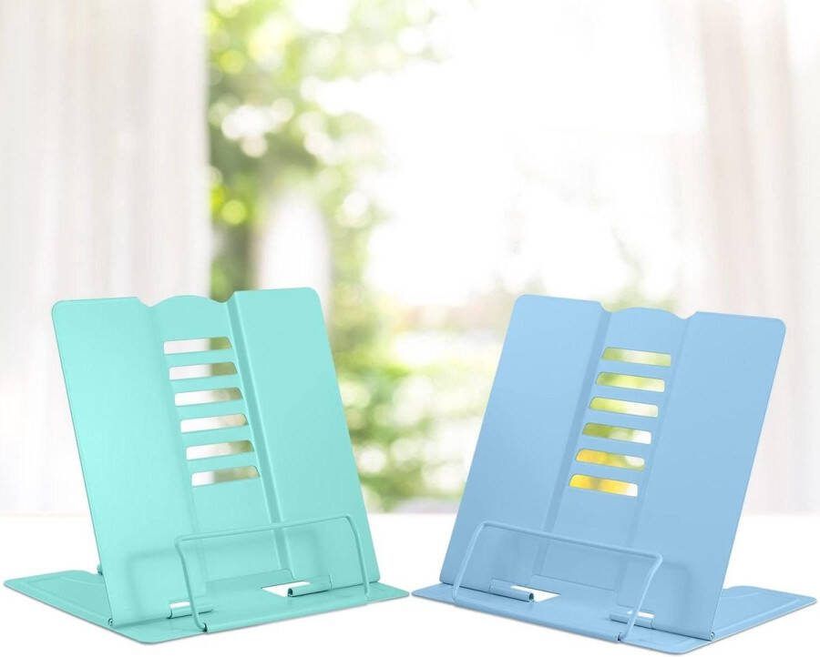 Metalen boekenstandaard 2 stuks leesboekhouder verstelbaar lichtgewicht standaard- kookboekhouder draagbare leerboek houders verstelbare recept documentstandaard tablet muziekboekstandaard (lichtblauw en lichtgroen)