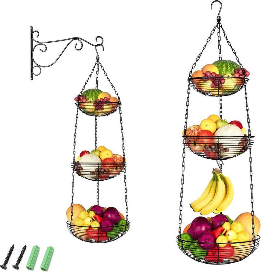 Metalen fruitmand met 3 verdiepingen hangend met haken zwart ijzer keuken accessoire voor fruit brood en groenten