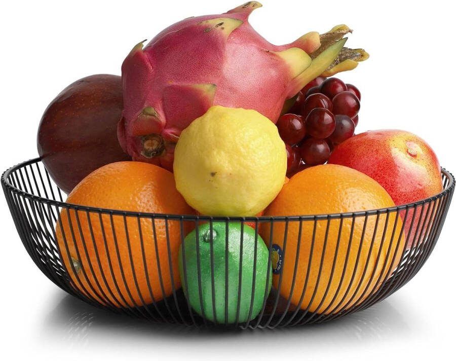 Metalen fruitmand Zwarte fruitschaal met metalen bodemplaat Decoratieve draadmand voor fruitopslag Vintage broodmand van metaaldraad Multifunctioneel 28 x 14 5 x 7 cm