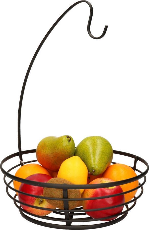 Merkloos Metalen fruitmand fruitschaal met bananenhouder zwart rond 28 x 40 cm Fruitschalen