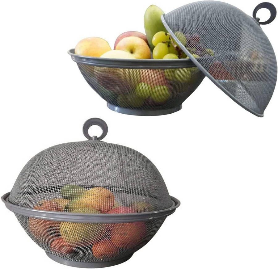 Metalen fruitschaal met vliegenkap voerscherm voor groenten grijs set van 2