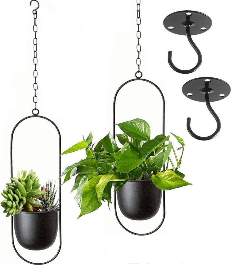 Metalen hangende bloempot hangende decoratieve pot metaal zwarte bolo bloemenhanger plafond hangende bloempot voor kamerplanten vetplanten luchtplanten (zwart 2 stuks)