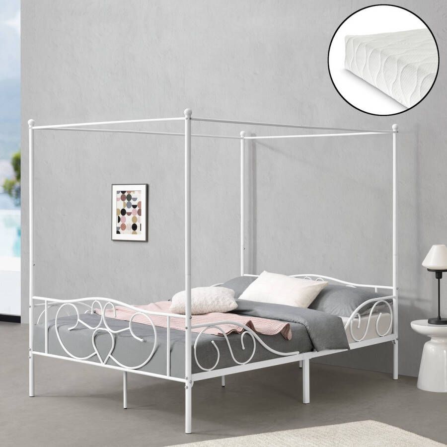 Unbranded Metalen hemelbed Alesia met bedbodem en matras 140x200 cm wit stabiel frame minimalistisch design