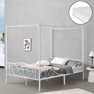 Unbranded Metalen hemelbed Alesia met bedbodem en matras 140x200 cm wit stabiel frame minimalistisch design