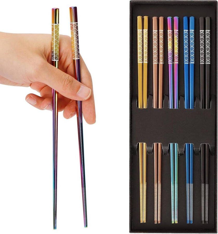 Metalen herbruikbare eetstokjes roestvrij staal vaatwasmachinebestendig Japanse stijl cadeauset 5 paar meerkleurig lasergegraveerd TIICOO Chopsticks