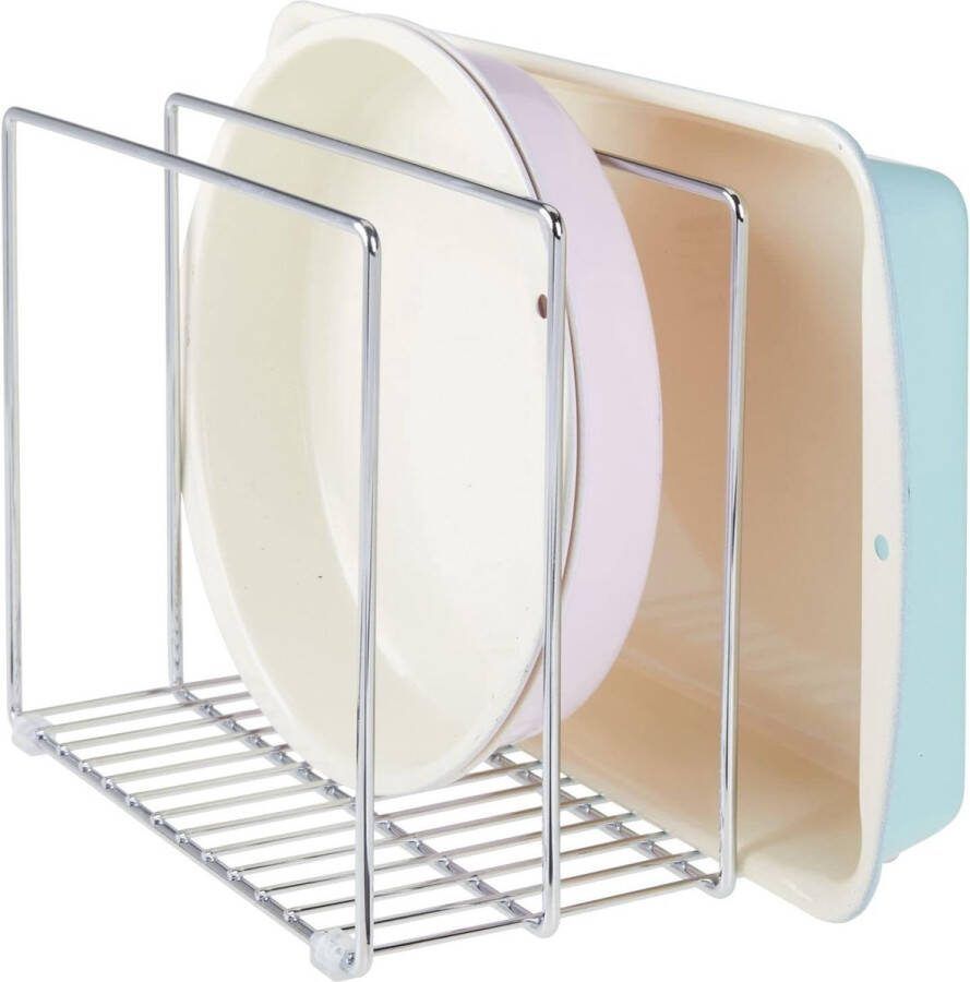 Metalen keukenorganizer compacte houder voor bakplaten deksels schotels snijplanken ruimtebesparend zilverkleurig zilverkleuren