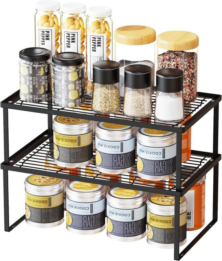 Metalen keukenrek stapelbaar voor kast-teller-eetkamer zwart 43 x 25 cm (l x d x h) 2 stuks