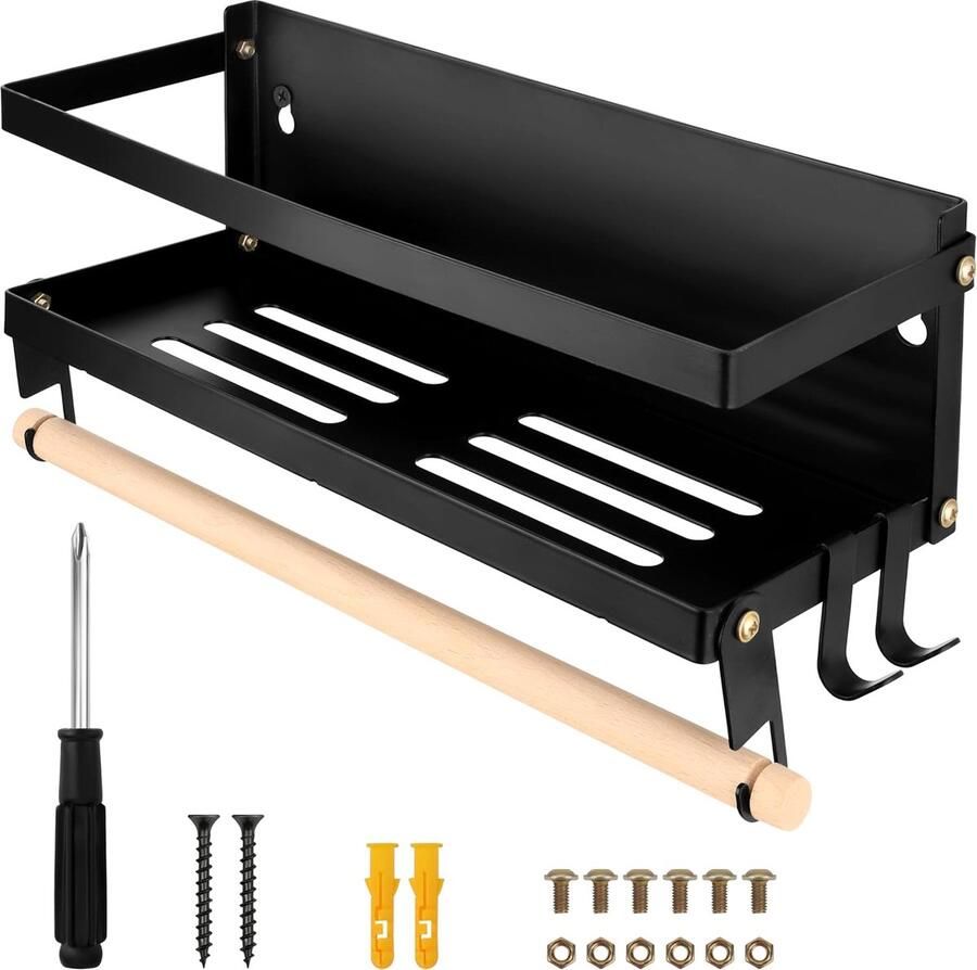 Metalen keukenrolhouder voor aan de muur met plank houdt 8 kg wandmontage houder voor keukenrol 2 afneembare haken papierrolhouder voor keuken of werkplaats