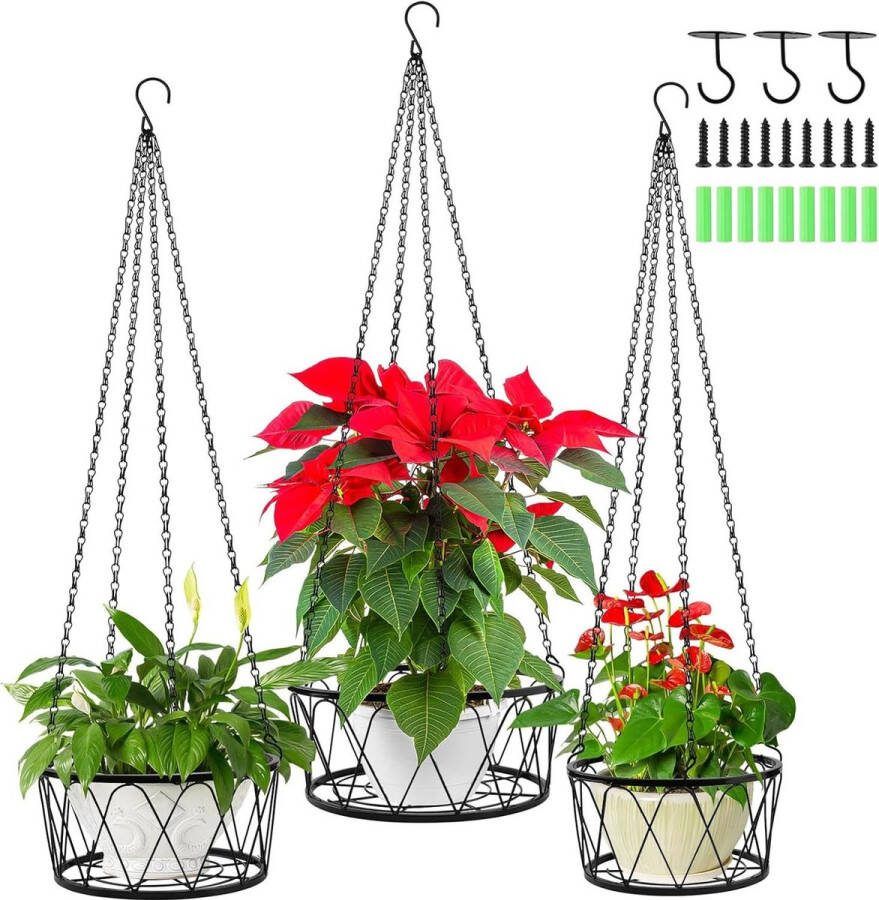 Metalen Plantenhanger 3 stuks Stijlvolle Zwarte Hangende Plantenplanken Moderne Plantenhangende Mand Plafondplantenhangersets Veranda Balkon Binnen Buiten Huis Flower Hanger