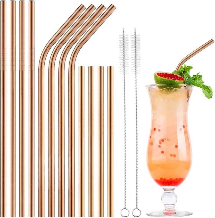 Metalen rietjes herbruikbare rietjes roestvrij staal 12-delige brons dunne rietjes set feestrietjes BPA-vrij met 2 reinigingsborstels vaatwasmachinebestendig voor cocktails