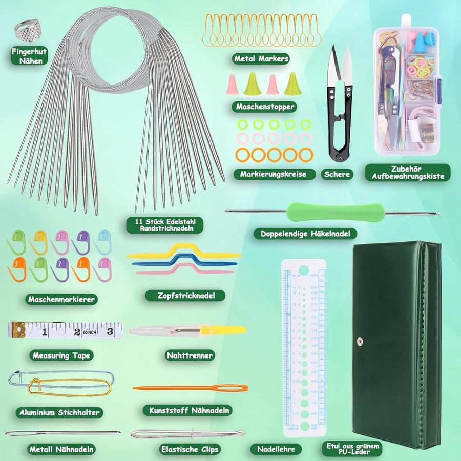 Metalen rondbreinaaldenset inclusief 11 stuks ronde breinaalden 60 cm basisbrei-accessoires en handige koffer breisets voor beginners en volwassenen voor breiproject