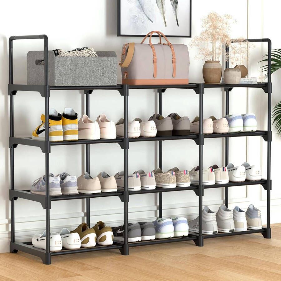 Metalen schoenenrek 3 rijen 4 lagen 135 x 28 x 75 cm opbergruimte voor 18-24 paar doe-het-zelf rek met 4 steunpoten schoenenstandaard voor hal woonkamer slaapkamer ruimtebesparende opberger Schoenenrek