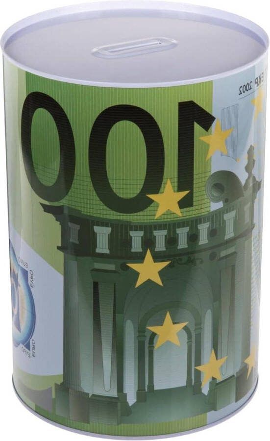 Metalen Spaarpot 100 EURO Bankbiljetten Decoratief en Groot Afmetingen: 15 x 15 x 22 cm spaarpot volwassenen