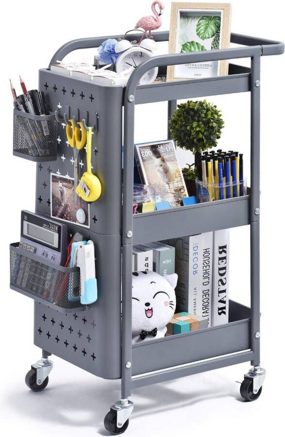 Metalen trolley met 3 niveaus 3-in-1 roosteropbergdoos met geperforeerde plaat haken manden handgrepen vergrendelwielen universeel mobiel opbergrek voor keuken kantoor garage badkamer enz