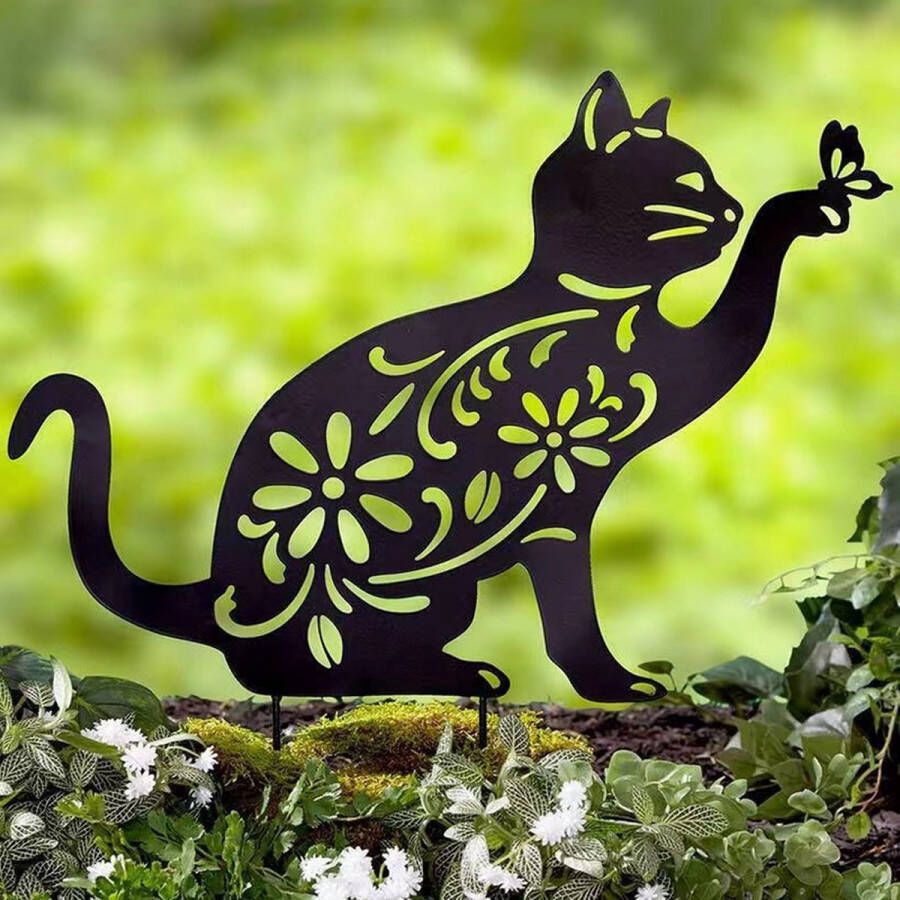 Metalen tuinsteker- kat vangt een vlinder-tuindecoratie-zwart