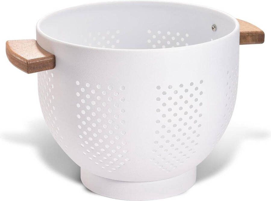 Metalen vergiet 22 cm met houten handvat gepoedercoat keuken accessoire voor pasta fruit en groenten mat wit Vergiet