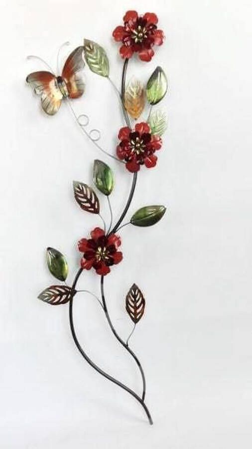 Metalen wanddecoratie tak met bloemen en vlinder 33 x 97 cm