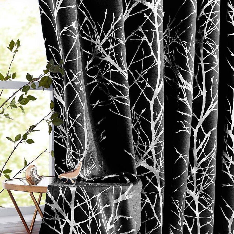 Metallic Twig ondoorzichtige gordijnen zwart zilverfolie verduisteringsgordijnen met oogjes thermisch geïsoleerde ondoorzichtige gordijnen voor woonkamer slaapkamer (zwart zilver – 132 x 245 cm)