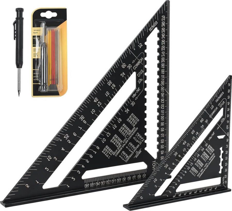 Metrische driehoekige liniaal 18 cm en 30 cm 2 stuks timmermanspotlood inclusief aluminiumlegering multifunctioneel meetgereedschap timmermanshoek lay-out 6 potloodvullingen