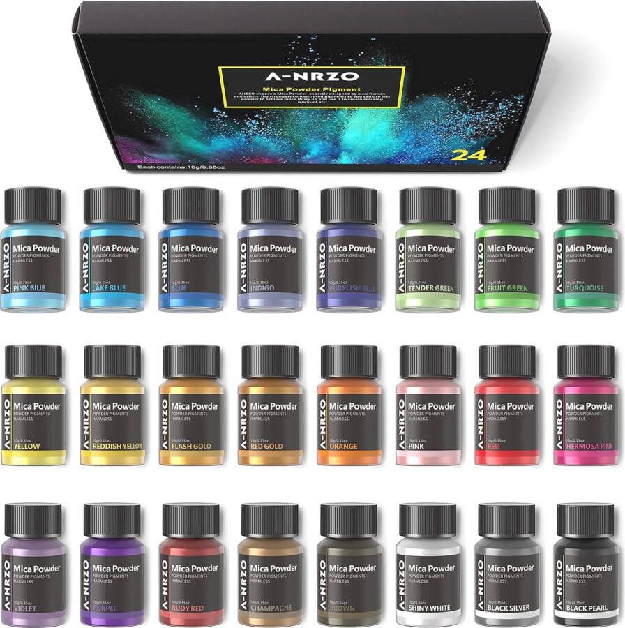 MGM Trading 24 Kleuren Epoxy Mica Poeder Pigment Cosmetische Kwaliteit Natuurlijk Pigment Gebruikt In Zeep Kleurstof Kaarsen Maken Lipgloss Diy Kleur 10g Elk