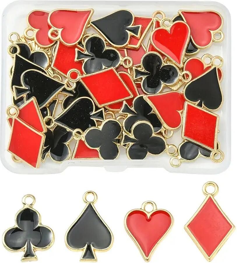 MGM Trading 40 Stuks 4 Stijl Legering Emaille Poker Patroon Hangers Met Emaille Ruit & Hart & Pruimenbloesem Bedels Voor Doe-het-zelf Sieraden Maken Benodigdheden