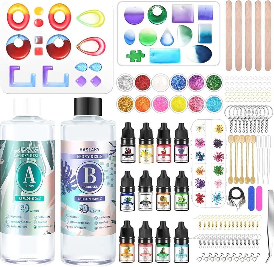 MGM Trading Epoxyhars-set voor beginners 500 ml glasheldere hars giethars hars gietset met epoxyhars-accessoires epoxyharsvormen verf droogbloemen glitter bladgoud voor doe-het-zelf halskettingen oorbellen sleutelhanger