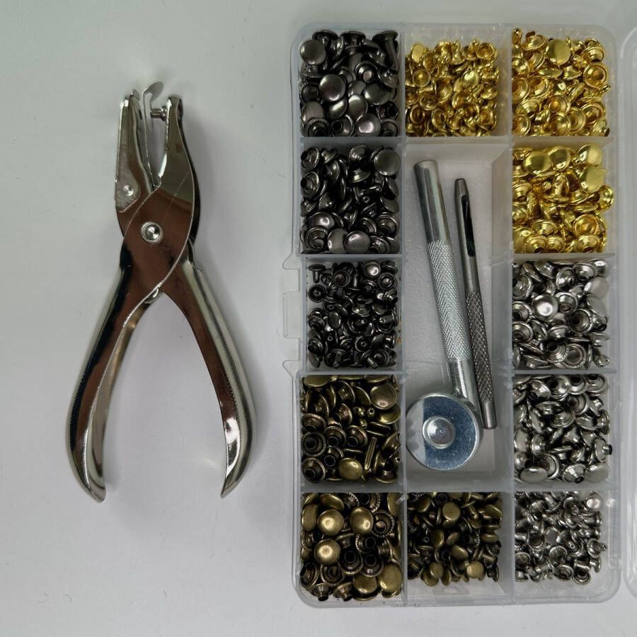 MGM Trading Nieten voor leer Set van 180 dubbele dop klinknagels in 2 maten metalen studs met hollow-back in 3 kleuren inclusief 3 bevestigingsgereedschappen een papieren perforator en opbergdoos DIY-handwerk reparatie en decoratie