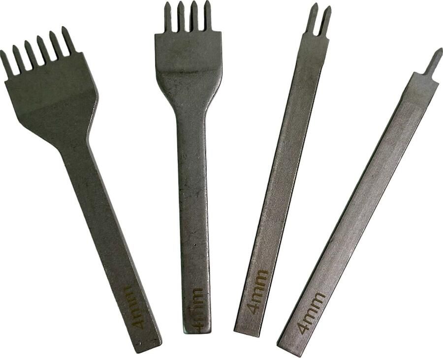 MGM Trading Shuny Punch gereedschapsset leerverwerkingsset doe-het-zelf roestvrij staal platte beitel vetergaten stansgereedschap lederen beitel perforator gereedschap 4 mm 1 2 4 6 tanden leer handwerk