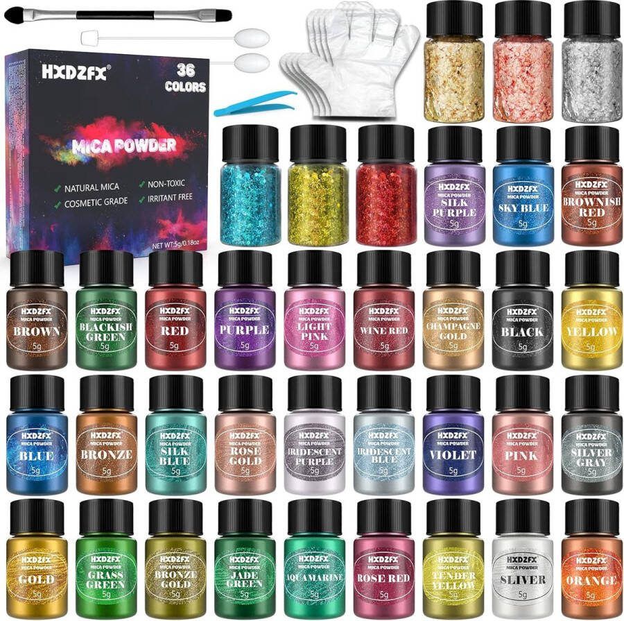 Mica Powder 36 kleuren epoxyhars pigmentpoeder natuurlijke micapoeder kleurstof voor epoxyhars zeep maken kaars oogschaduw nagellak lippenglans rouge cosmetica slijm badbom 5g elk