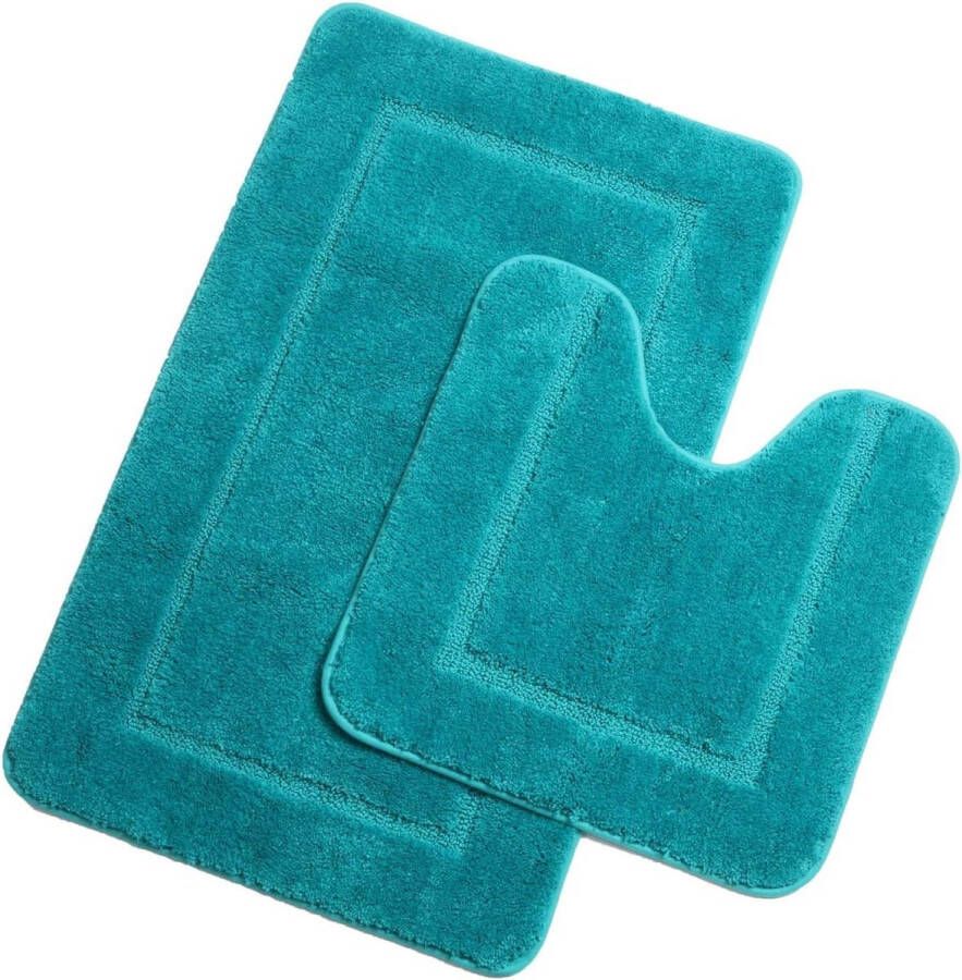 Microfiber badmatten set 2 stuks antislip wasbare badmat en toiletmat absorberend badkamertapijt set (turquoise 53 x 86 cm + 50 x 50 cm)