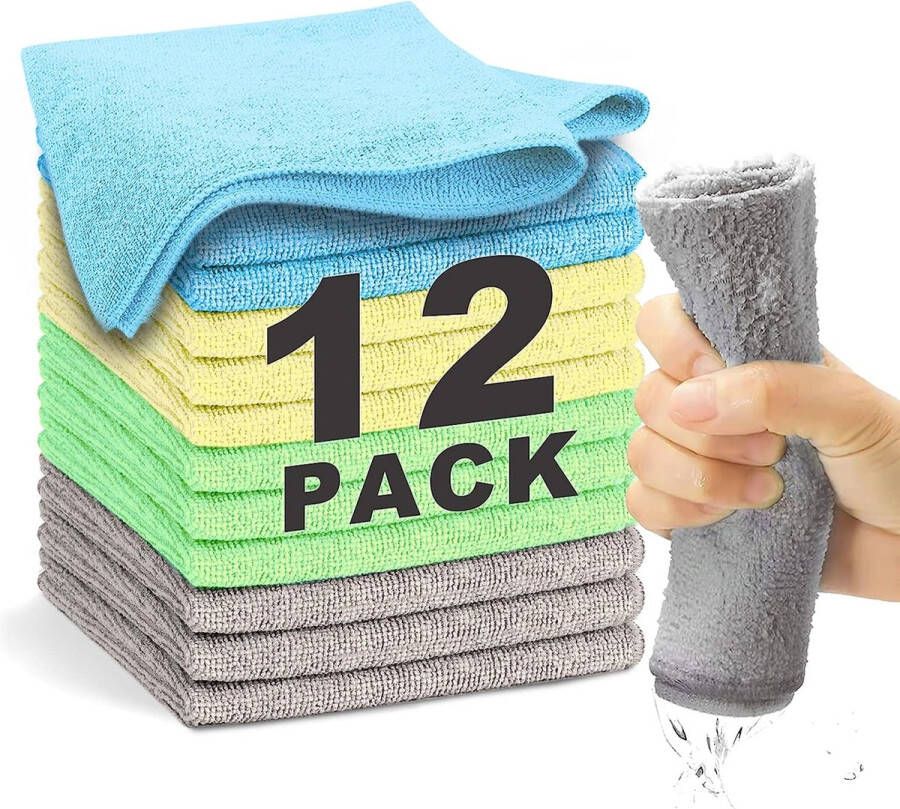 Microfiber poetsdoeken 12 stuks (30 5 x 30 5 cm) High Performance Rags for Cleaning Ultra Soft Premium Series herbruikbare en pluisvrije doek met 4 kleuren gesorteerd Streepvrije microvezeldoek niet-vervagend