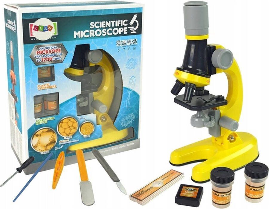 Playos Microscoop Geel tot 1200x Vergroting Kinderen LED Verlichting Junior Microscoop. Experimenteer Speelgoed STEM Speelgoed Ontdekken Biologie Wetenschap Educatief Accessoires
