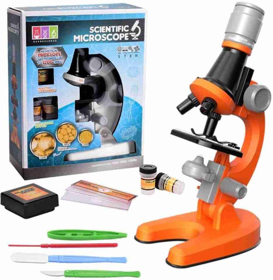 Playos Microscoop Oranje tot 1200x Vergroting Kinderen LED Verlichting Junior Microscoop. Experimenteer Speelgoed STEM Speelgoed Ontdekken Biologie Wetenschap Educatief Accessoires