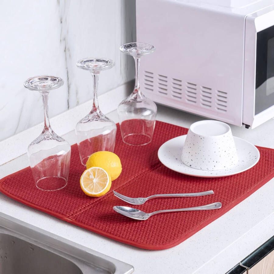 Microvezel afdruipmat voor keuken 44 x 36 cm 2 stuks gootsteen en servies droogmat tafelonderlegger (rood)